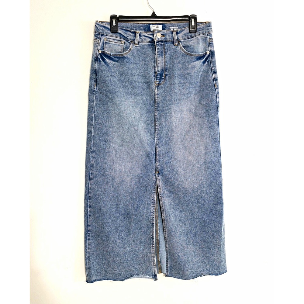 Kensie Jeans High Rise Midi Denim Skirt Light Wash Front Slit Size 8